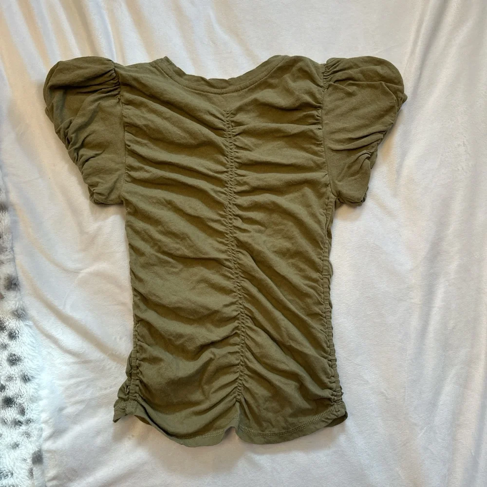 Free People Olive Green Ruched Puff Sleeve Top
